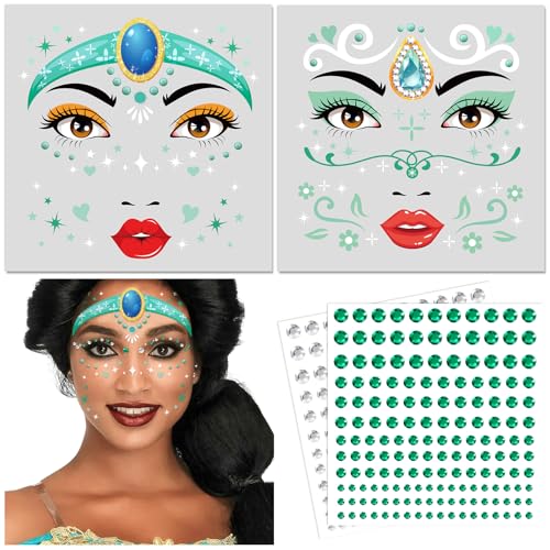 DPKOW Gesichtstattoo Prinzessin Jasmin Kostüm Damen Frauen Temporäre Tattoos Karneval Kostüm Partyzubehör, Glitzersteine Gesicht Prinzessin Jasmin Face Tattoo Schminke Karneval Aladdin Kostüm Damen von DPKOW