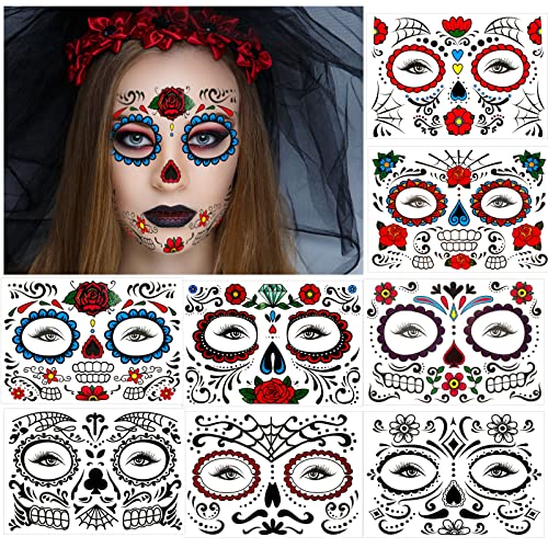 DPKOW Halloween Temporäre Tattoos für Erwachsene Damen Mädchen Make-up, 8 Blätter Tag der Toten Gesicht Tattoo Aufkleber Totenkopf Spinnennetz Klebetattoos für Maskerade Cosplay Halloween Partyzubehör von DPKOW