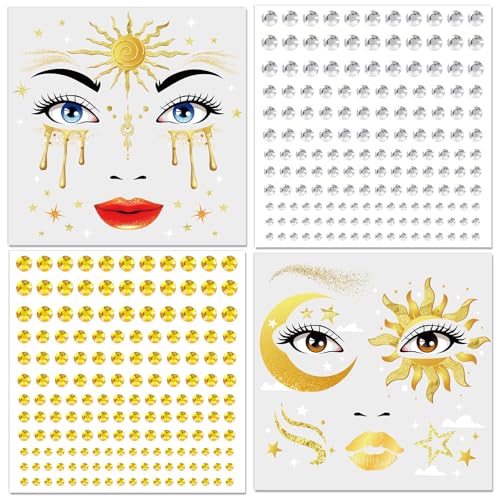 DPKOW Halo Sonne Mond Tattoo Gesicht mit Gesichtsedelsteinen für Griechische Göttin Kostüm Zubehör Faschingskostüme Damen Karneval Kostümzubehör Halloween Schminke Accessoires Halloween Tattoo Gesicht von DPKOW
