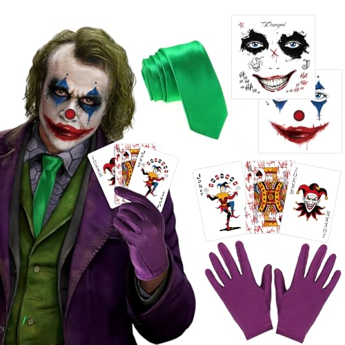 DPKOW Herren Damen Joker Kostüm Zubehör Halloween Tattoo Gesicht Joker Handschuhe Krawatte Pokerkarten für Karneval Cosplay Zubehör Faschingskostüme Clown Kostüm Accessoires Halloween Make Up von DPKOW