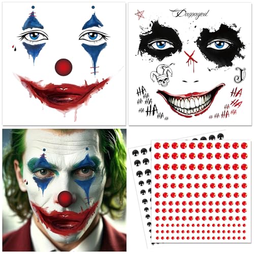 DPKOW Joker Tattoos Halloween Tattoo Gesicht mit Glitzersteine Selbstklebend, für Joker Kostüm Herren Damen Kinder Karneval Faschingskostüme Zubehör Kostüm Halloween Make Up Accessoires von DPKOW