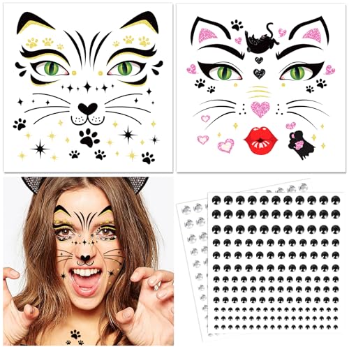 DPKOW Katzen Tattoos Gesicht Karneval Damen Kinder Temporäre Tattoos Glitzersteine Gesicht Halloween Tattoo Schminke Cosplay Faschingskostüme Karneval Accessoires Wasserfest von DPKOW