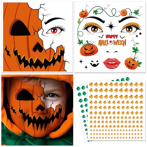 DPKOW Kürbis Tattoo Gesicht Halloween Make Up Accessoires mit Glitzersteine Selbstklebend, Gesichtstattoo Kürbis Kostüm Zubehör Halloween Schminke Accessoires Cosplay Karneval Faschingskostüme Zubehör von DPKOW