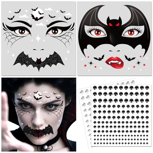 DPKOW Fledermaus Tattoo Gesicht Halloween Make Up Accessoires, Gesichtstattoos Halloween Fledermaus Kostüm Zubehör Kinder Damen, Cosplay Karneval Kostüm Zubehör, mit Glitzersteine Selbstklebend von DPKOW