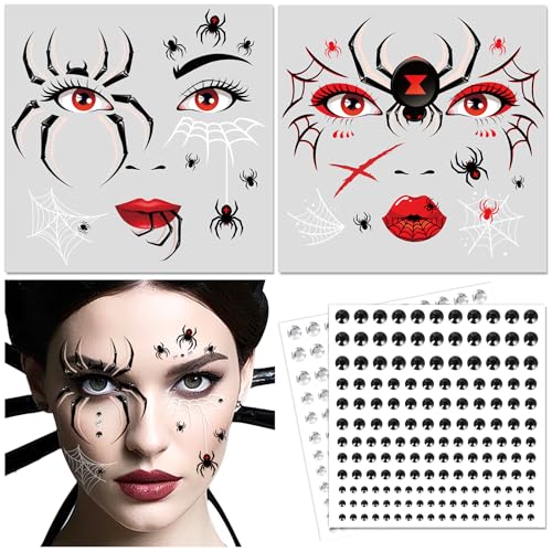 DPKOW Spinnen Tattoo Gesicht Halloween Make Up Accessoires, mit Glitzersteine Gesicht, Gesichtstattoos Halloween Spinnen Kostüm Zubehör für Kinder Damen Herren Cosplay Karneval Kostümzubehör von DPKOW