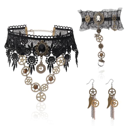 DPKOW Steampunk Accessoires Steampunk Kostüm Damen, Zahnräder Steampunk Halskette Spitze Gotisch Choker Halskette Armbänder Steampunk Ohrringe Gothic Schmuck Damen Frauen Halloween Karneval Kostüm von DPKOW