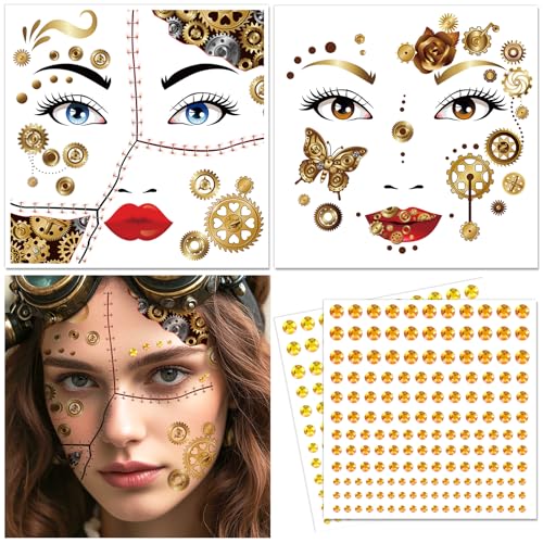 DPKOW Steampunk Tattoo Gesicht Halloween Make Up Accessoires, Gesichtstattoos Halloween Kostüm Zubehör Damen Ausrüstung Tattoos Make-up Steampunk Cosplay Karneval Zubehör, mit Glitzersteine Gesicht von DPKOW