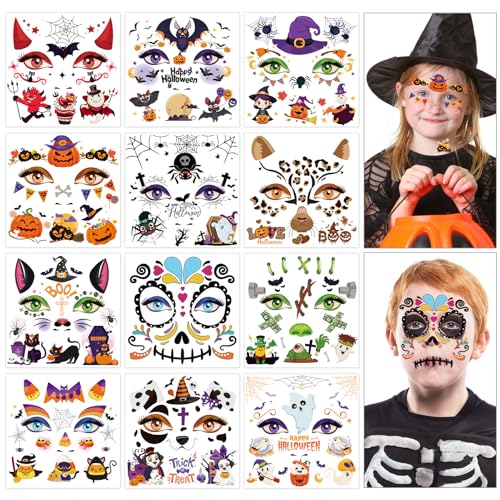 DPKOW Temporäre Halloween Tattoos für Kinder, 12 Blätter Halloween Gesichtstattoos Kürbis Spinne Fledermaus Geist Totenkopf Temporäre Tattoos Halloween Partytütenfüller Kinder Halloween Partygeschenke von DPKOW