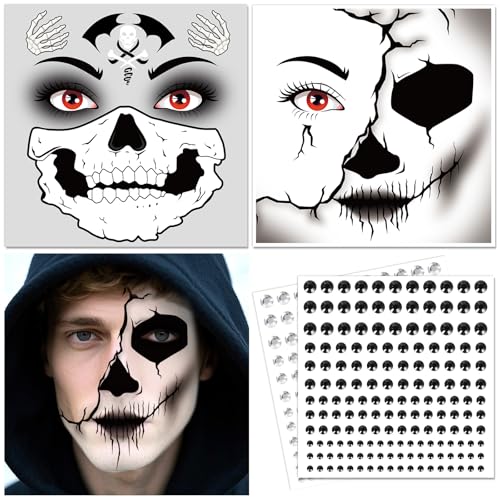 DPKOW Halloween Skelett Tattoo Gesicht Sensenmann Kostümzubehör für Herren Kinder, Halloween Make Up Accessoires Sensenmann Temporäre Tattoos mit Glitzersteine Gesicht, Cosplay Karneval Party Zubehör von DPKOW