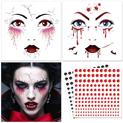 DPKOW Halloween Tattoos Gesicht mit Glitzersteine, Vampir Kostümzubehör Kinder Damen Halloween Kostüm Accessoires Damen Vampir Gesichtstattoo Glitzersteine Gesicht Zubehör Festival Accessoires von DPKOW