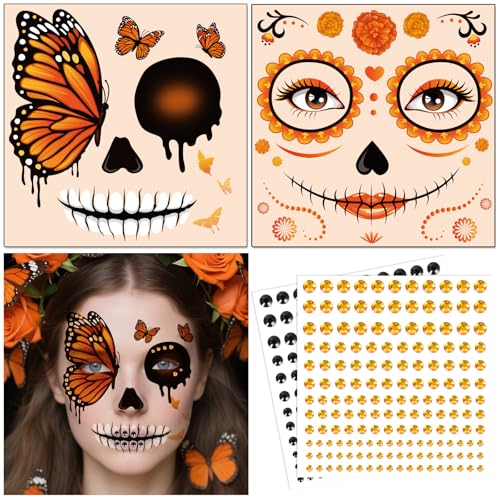DPKOW Halloween Tattoo Gesicht Totenkopf Schminke Halloween Kostüm Damen Herren Zubehör Dia de Los Muertos Schmetterling Make Up Accessoires Skelett Kostüm Kinder Cosplay Karneval Partyzubehör von DPKOW