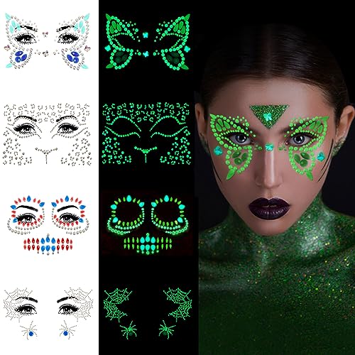 DPKOW im Dunkeln Leuchten Glitzersteine Gesicht Halloween Karneval Temporäre Tattoos Strasssteine Selbstklebend Schmucksteine leopard Butterfly Skull Spider Web für Frauen Mädchen Gesichts Make-up von DPKOW