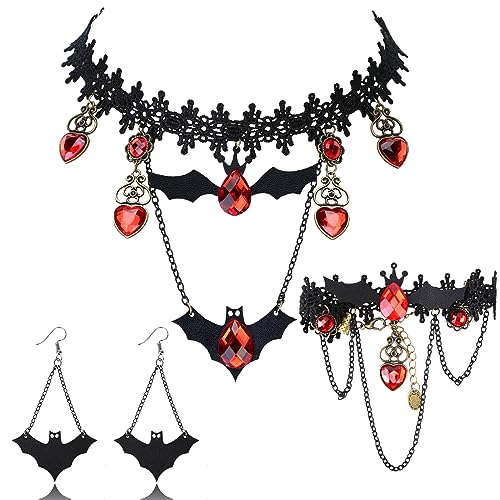 HOWAF Gothic Schmuck Set Halloween Schmuck Damen Vampir Schmuck Fledermaus Gotisch Halskette Halloween Kette Vampir Ohrringe Armbände für Halloween Kostüm Damen Gothic Kostüm Vampir Accessoires von DPKOW
