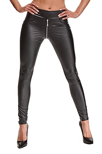 DQ Schwarze Damen Leggings Hose aus Wetlook Material elastisch mit durchgehendem Reißverschluss und Gesäßtaschen XL von DQ