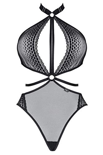 DQ Schwarzer Frauen Dessous Neckholder Body ouvert transparent pofrei aus Netzstoff und Spitze elastisch S von DQ