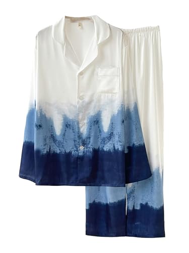 DQSSYTTX Blue White Pyjama Set Langarm Nachtwäsche Hose V-Ausschnitt Floral Print Pyjama Set für Frauen von DQSSYTTX