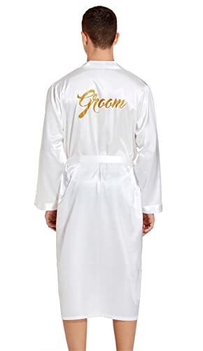DQSSYTTX Bräutigam Hochzeitsmantel mit Tasche Bronzing auf der Rückseite Weiß Seide Bademantel für Herren Hochzeit Party Nachtwäsche Kimono Robe, Weiss/opulenter Garten, Einheitsgröße von DQSSYTTX