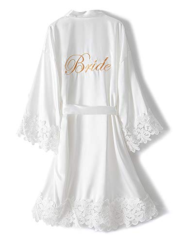 DQSSYTTX Braut Robe mit Spitze Trim Weiß Satin Braut Bademantel für Frauen Hochzeit Party Kimono Nachtwäsche für Braut Hochzeitstag von DQSSYTTX