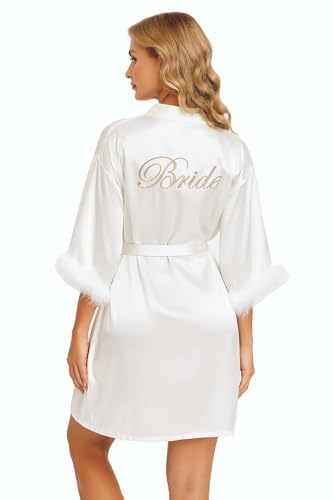 DQSSYTTX Brautmantel mit Feder Weißer Satin-Kimono mit Braut-Stickerei auf dem Rücken Einheitsgröße Hochzeitsmantel für die Braut von DQSSYTTX