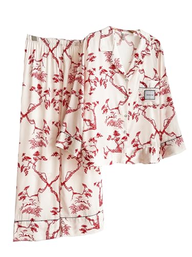 DQSSYTTX Floral Print Pyjama Set für Frauen Frauen Pyjama Set Langarm Nachtwäsche Hose V-Ausschnitt von DQSSYTTX