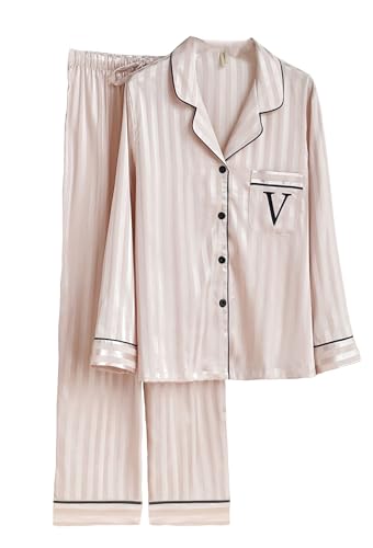 DQSSYTTX Frauen Pyjama Set Langarm Nachtwäsche Hose V-Ausschnitt Pyjama Set für Frauen von DQSSYTTX