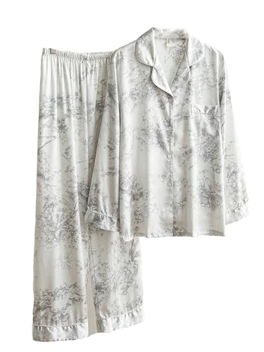 DQSSYTTX Gray Pyjama Set Langarm Nachtwäsche Hose V-Ausschnitt Floral Print Pyjama Set für Frauen von DQSSYTTX