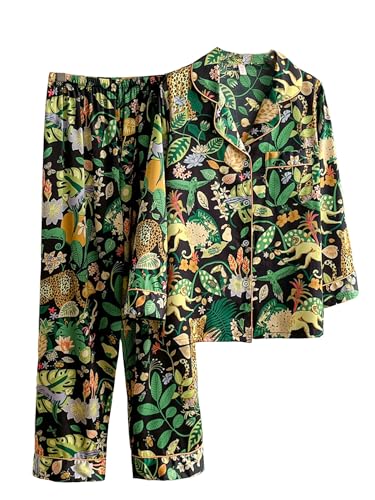 DQSSYTTX Green Floral Print Pyjama Set für Frauen Pyjama Set Langarm Nachtwäsche Hose V-Ausschnitt von DQSSYTTX