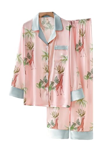 DQSSYTTX Pyjama Set Floral Giraffe Print Seide Lange Hosen Langarm Nachtwäsche V-Ausschnitt Knopf Nachtwäsche von DQSSYTTX