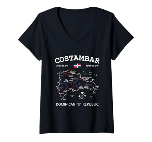 Damen Costambar Dominikanische Republik Flagge Reisekarte Koordinaten T-Shirt mit V-Ausschnitt Damen Costambar Dominikanische Republik Flagge Reisekarte Koordinaten T-Shirt mit V-Ausschnitt von DR Caribbean GPS Coordinates Travel Maps and Flags