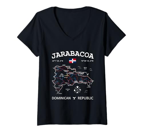 Damen JARABACOA Dominikanische Republik Flagge Reisekarte Koordinaten T-Shirt mit V-Ausschnitt Damen JARABACOA Dominikanische Republik Flagge Reisekarte Koordinaten T-Shirt mit V-Ausschnitt von DR Caribbean GPS Coordinates Travel Maps and Flags