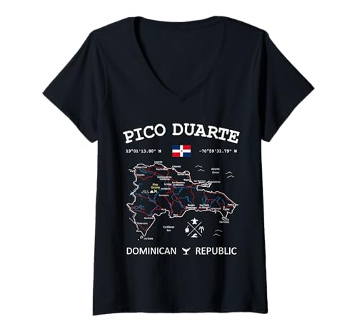 Damen PICO Duarte Dominikanische Republik Flagge Karte GPS Koordinaten T-Shirt mit V-Ausschnitt Damen PICO Duarte Dominikanische Republik Flagge Karte GPS Koordinaten T-Shirt mit V-Ausschnitt von DR Caribbean GPS Coordinates Travel Maps and Flags