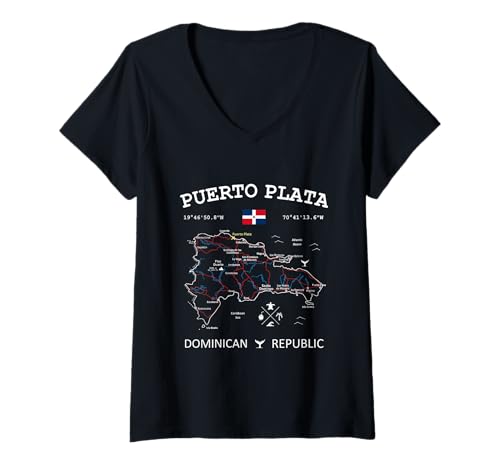 Damen Puerto Plata Dominikanische Republik Flagge Reisekarte Koordinaten T-Shirt mit V-Ausschnitt Damen Puerto Plata Dominikanische Republik Flagge Reisekarte Koordinaten T-Shirt mit V-Ausschnitt von DR Caribbean GPS Coordinates Travel Maps and Flags
