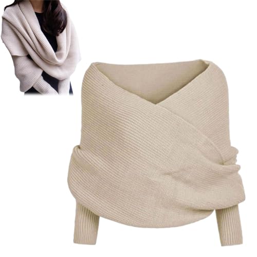 DRABEX Schneefall-Pullover-Schal mit Ärmeln, Strickpullover-Schal, einfarbig, schulterfrei, gestrickter Schal, Schneefall-Pullover-Schal für Damen (Beige,One Size) von DRABEX