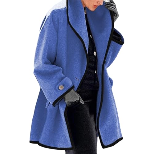 Farbblock-Wollmantel Mit Kapuze, Langärmliger Wollmantel mit lockerer Kapuze für Damen, Warmer Trenchcoat Mit Revers (Blue,2XL) von DRABEX