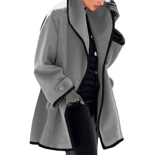 Farbblock-Wollmantel Mit Kapuze, Langärmliger Wollmantel mit lockerer Kapuze für Damen, Warmer Trenchcoat Mit Revers (Gray,5XL) von DRABEX