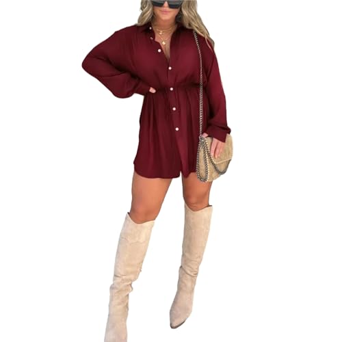 Satin Covered Nights Romper Dress, 2023 Fall New Satin Dress Set, Satin Dress Set, Solid Color Long Sleeve Shirt Suit, Casual Button Shirt Dress Shorts Set (L,Red) von DRABEX