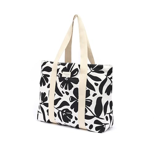 DRAEGER PARIS 1886 - Handtasche für Damen mit Blumenmuster – Einkaufstasche aus dicker Baumwolle – Kollektion Office Chic – elegant, praktisch und für jeden Anlass – Schultergetragen – Schwarz von DRAEGER