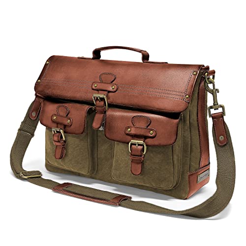 DRAKENSBERG Vintage Umhängetasche 'Milo' - Aktentasche aus Canvas und Leder für Herren mit Laptop-Fach, 15L - Oliv-Grün, DR00121 von DRAKENSBERG