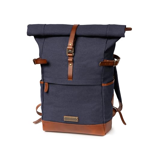 DRAKENSBERG Rolltop Rucksack 'Wyatt' aus Canvas und Leder mit Laptopfach - Vintage-Utility-Design für Damen, Herren, 20-30L - Marine-Blau, DR00286 von DRAKENSBERG