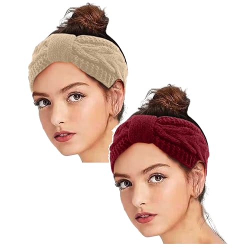 2 Stück Winter Stirnband Damen Strick Ohrenwärmer Haarband Haarreifen Cozy Weihnachts Haarband Laufen Warm Blumen Beauty Stirnband Kostüm Breit Accessoires Fleece Haarschmuck Headbands Stirnbänder von DRALOFAO