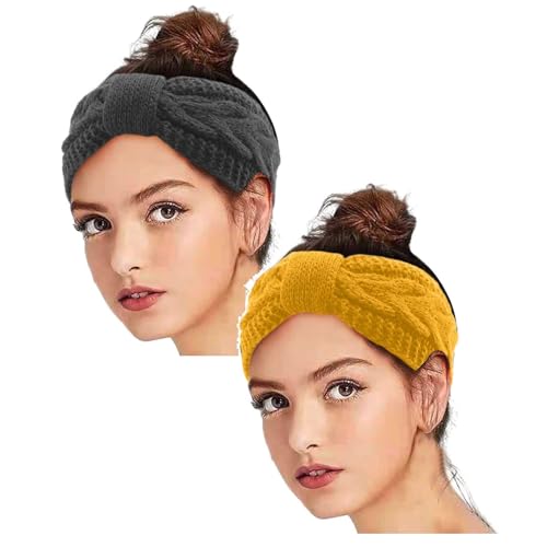 2 Stück Winter Stirnband Damen Strick Ohrenwärmer Haarband Haarreifen Mädchen Geknotet Gestrickt Stirnbänder Verdicken Frauen Haarbänder Häkelarbeit Elastische Plüsch Skifahren (Dunkelgrau + Beige) von DRALOFAO