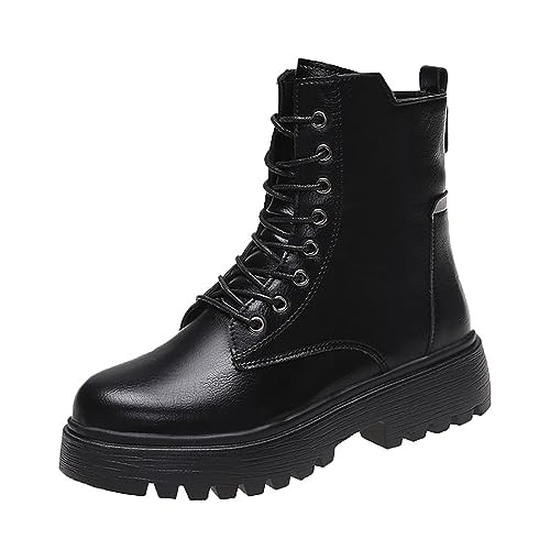 2023 Neue Modische Stiefeletten Damen, Gefüttert Wasserdicht Warme Herbst Winter Biker Boots, Hell Elegant Schuhe Schnuerboots Warmfutter Bequem Leder Stiefel Schwarz Boots Winterschuhe Gummistiefel von DRALOFAO