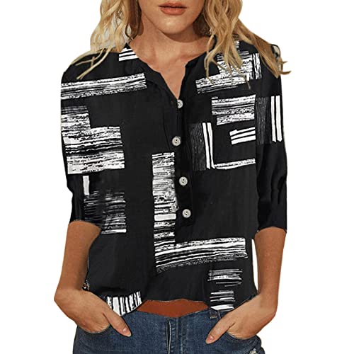 DRALOFAO 3/4 Arm Shirt Damen Sale Bluse Elegant V Ausschnitt Knopfleiste mit Blumen Drucken Blusenshirt Langarmshirt Lockere Casual Blusen & Tuniken für Frauen Party Oberteil von DRALOFAO