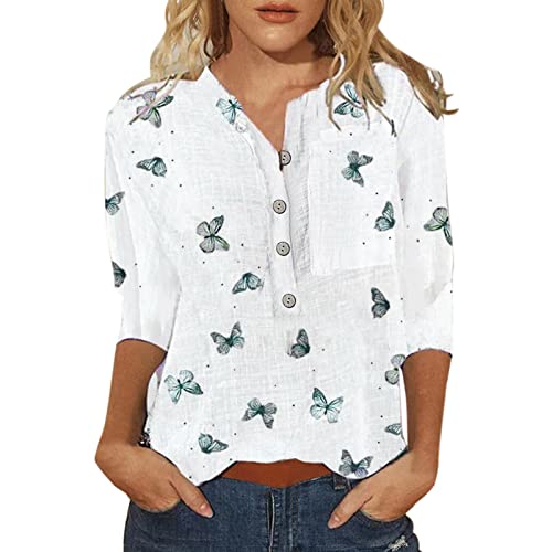 DRALOFAO 3/4 Arm Shirt Damen Sale Bluse Elegant V Ausschnitt Knopfleiste mit Blumen Drucken Blusenshirt Langarmshirt Lockere Casual Blusen & Tuniken für Frauen Party Oberteil von DRALOFAO