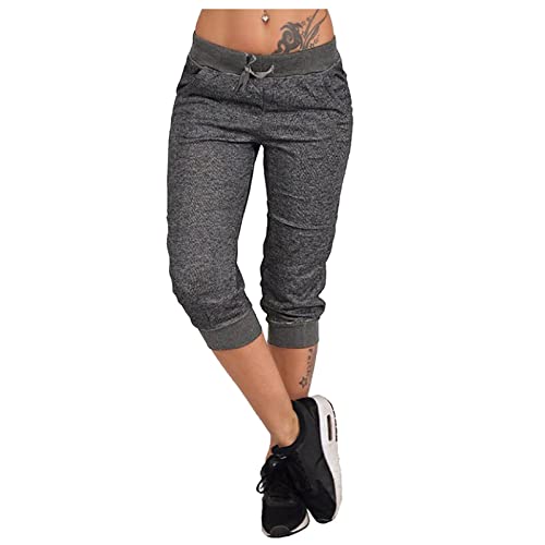 Caprihose Damen Sommer 3/4 Hosen, Damen Sporthosen 3/4 Jogginghose Sommer Freizeithose Loose Fit Trainingshose Mit Taschen und Kordelzug für Jogging von DRALOFAO