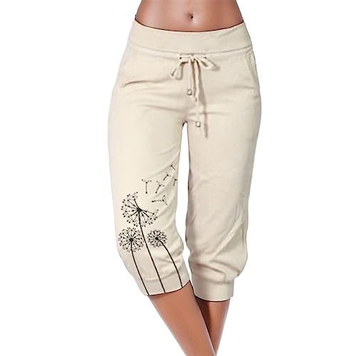 DRALOFAO 3/4 Hosen Damen Sommer Stretch Caprihosen Sweathose Leicht Sommerhose, Jogginghose Damen Yoga Hose Mit Taschen Kordelzug Sporthose Frauen Sweatpants Elastischer Bund Freizeithose von DRALOFAO