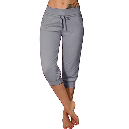 DRALOFAO 3/4 Hosen Damen Sommer Stretch Caprihosen Sweathose Leicht Sommerhose, Jogginghose Damen Yoga Hose Mit Taschen Kordelzug Sporthose Frauen Sweatpants Elastischer Bund Freizeithose von DRALOFAO