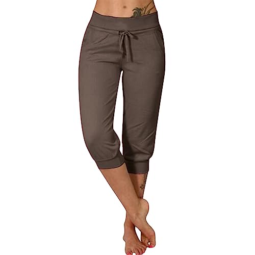 DRALOFAO 3/4 Hosen Damen Sommer Stretch Caprihosen Sweathose Leicht Sommerhose, Jogginghose Damen Yoga Hose Mit Taschen Kordelzug Sporthose Frauen Sweatpants Elastischer Bund Freizeithose von DRALOFAO