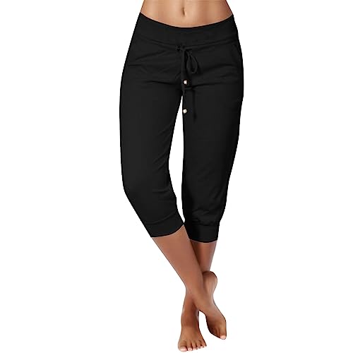 DRALOFAO 3/4 Hosen Damen Sommer Stretch Caprihosen Sweathose Leicht Sommerhose, Jogginghose Damen Yoga Hose Mit Taschen Kordelzug Sporthose Frauen Sweatpants Elastischer Bund Freizeithose von DRALOFAO