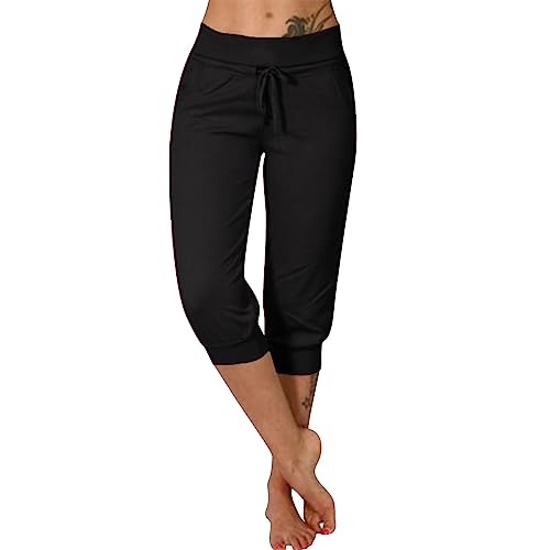 DRALOFAO 3/4 Hosen Damen Sommer Stretch Caprihosen Sweathose Leicht Sommerhose, Jogginghose Damen Yoga Hose Mit Taschen Kordelzug Sporthose Frauen Sweatpants Elastischer Bund Freizeithose von DRALOFAO